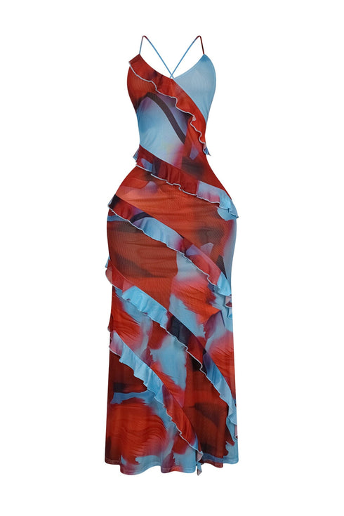 Josefina Mesh Print Ruffle Maxi Dress